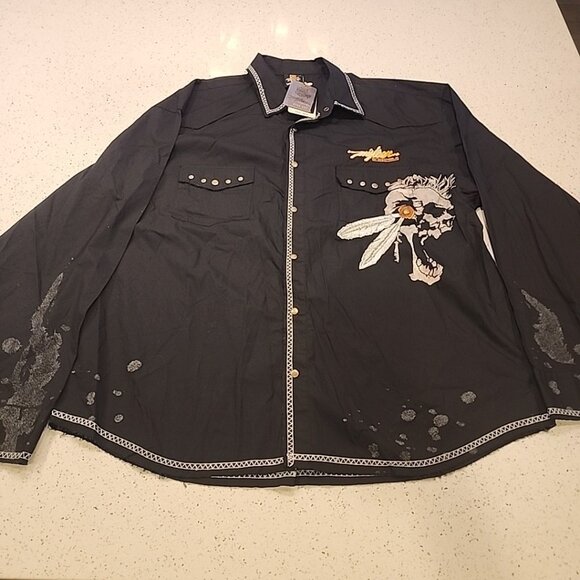 NWT Miskeen Mens 3x Indian Skull Snap Shirt Black Long Sleeve Embroidered Pocket - Picture 1 of 10